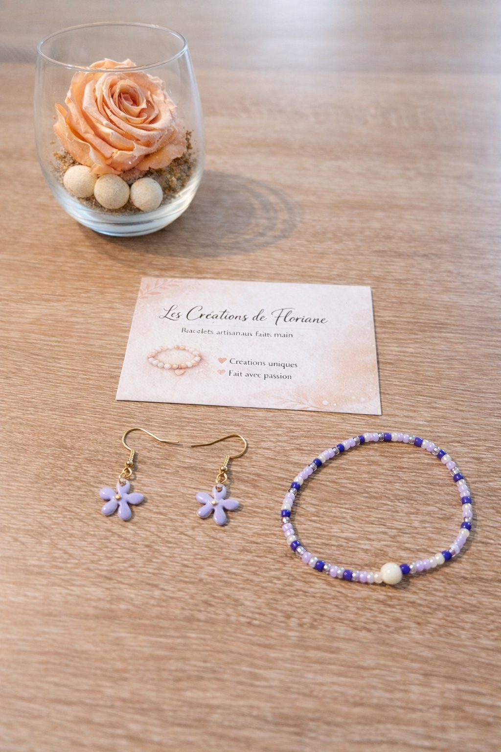 Parure bijoux faits main - boucles d’oreilles & bracelet perles violettes