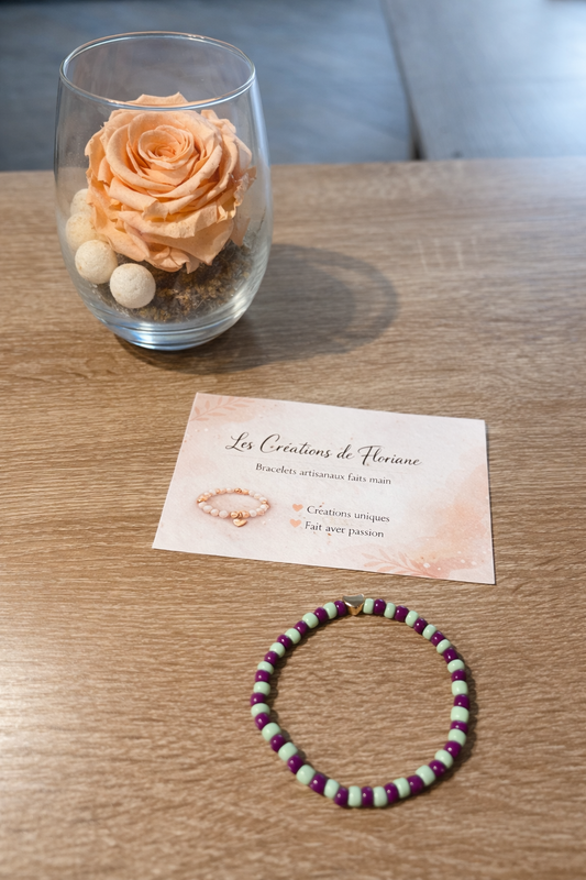 💚 Bracelet perles fait main - vert pastel & violet 💜